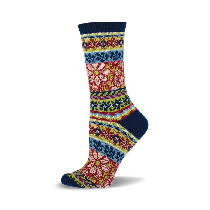 a blue, green, red, and white patterned sock.