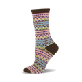 Brown crew socks with a pastel floral fair isle pattern.  The colors include pink, purple, light blue, and green.