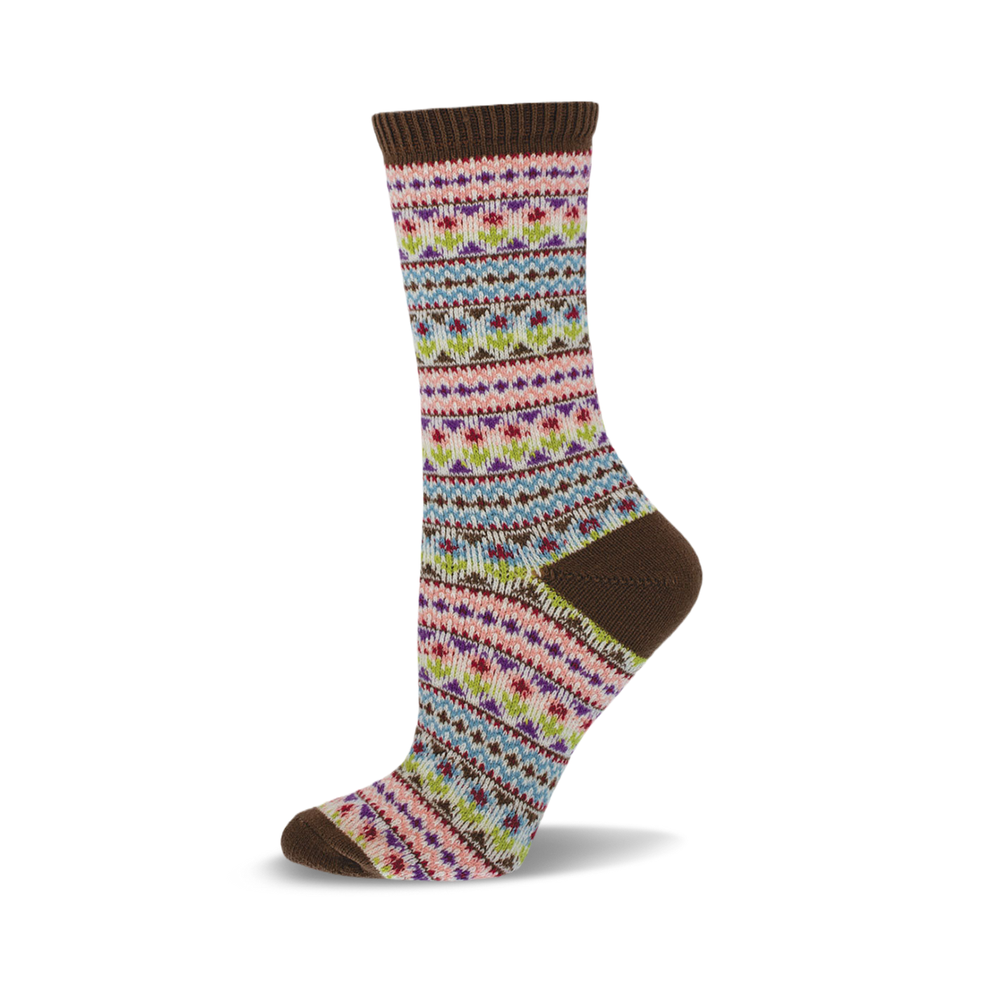 Brown crew socks with a pastel floral fair isle pattern.  The colors include pink, purple, light blue, and green.
