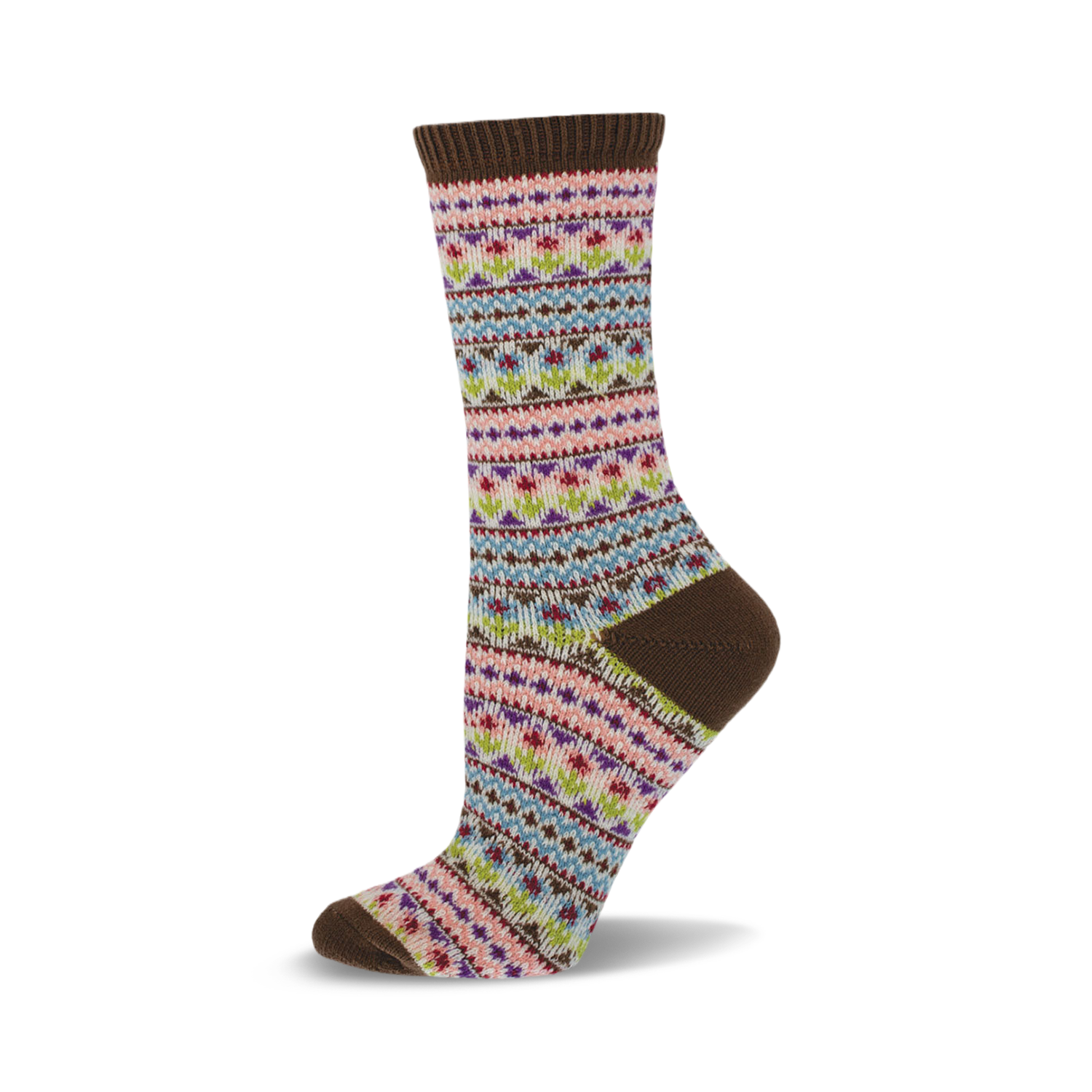 Brown crew socks with a pastel floral fair isle pattern.  The colors include pink, purple, light blue, and green.