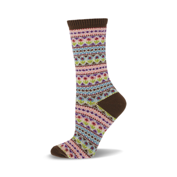 a single brown, pink, blue, green, and white patterned sock.  the sock is folded and the top of the sock is brown. the sock is laid on a black surface.