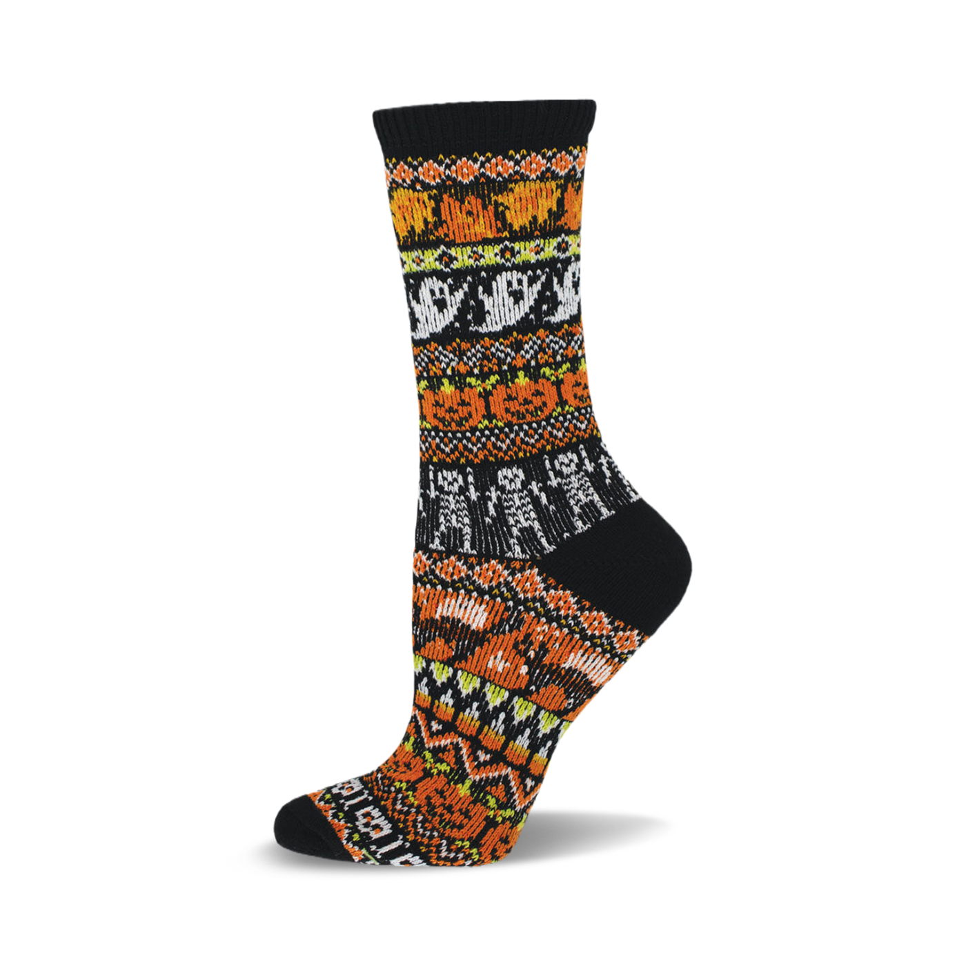 Black crew socks with a colorful Halloween-themed fair isle knit pattern featuring pumpkins, ghosts, and skeletons in orange, white, and green.