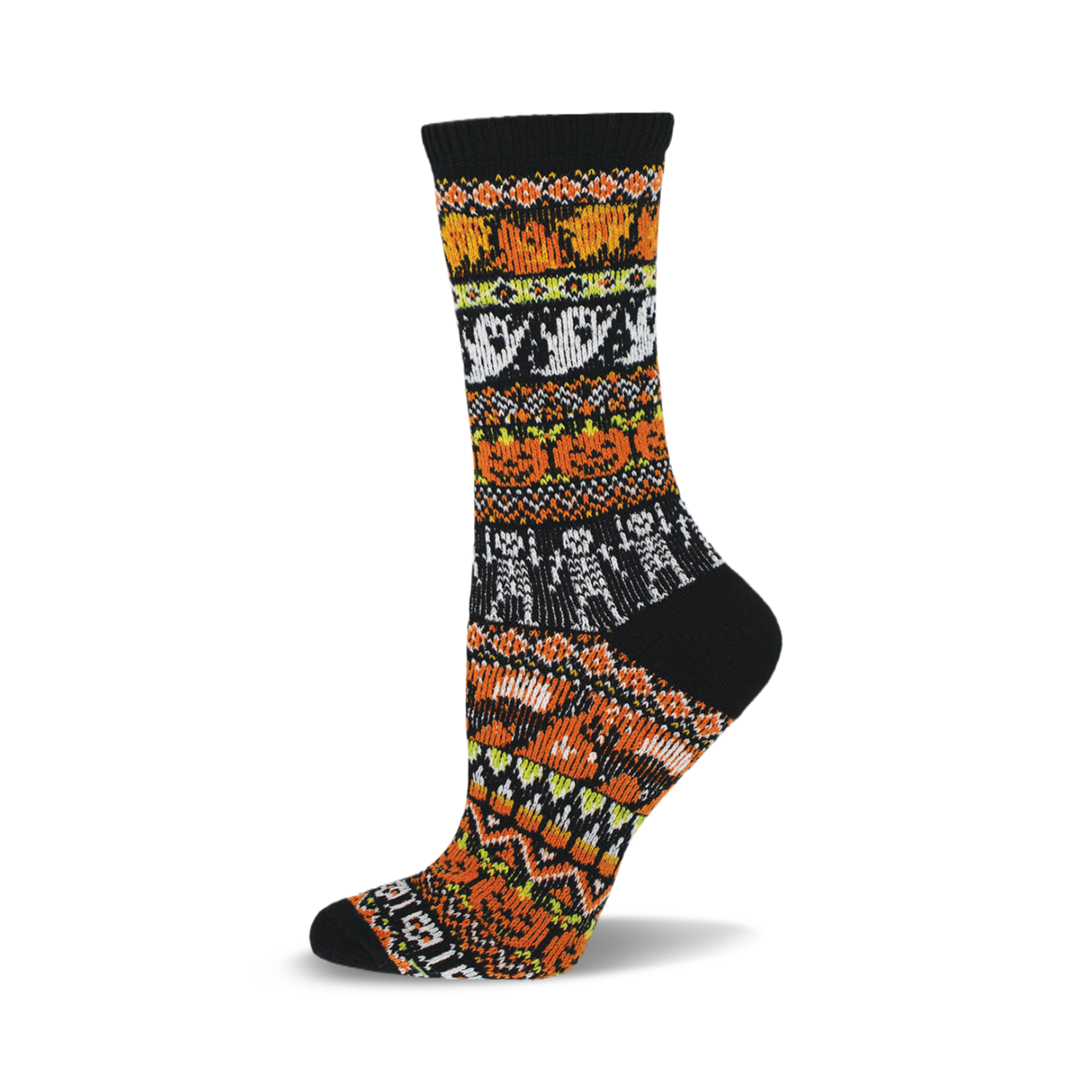 Black crew socks with a colorful Halloween-themed fair isle knit pattern featuring pumpkins, ghosts, and skeletons in orange, white, and green.