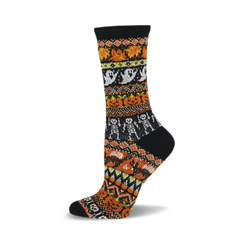 a black sock with orange, yellow, and white patterned stripes featuring pumpkins, ghosts, and skeletons.