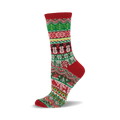Red, green, and white crew socks with a Fair Isle pattern. The design includes snowmen and wintery motifs.