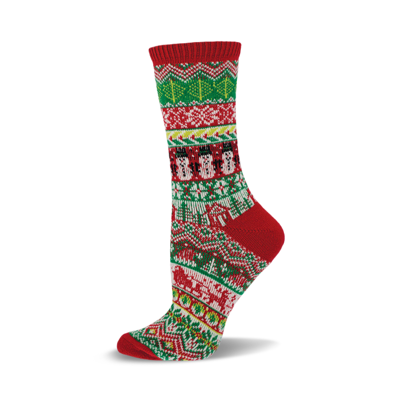Red, green, and white crew socks with a Fair Isle pattern. The design includes snowmen and wintery motifs.