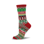 Red, green, and white crew socks with a Fair Isle pattern. The design includes snowmen and wintery motifs.