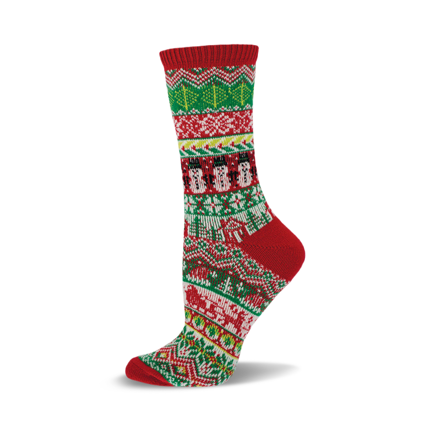 Red, green, and white crew socks with a Fair Isle pattern. The design includes snowmen and wintery motifs.