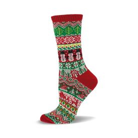 a red, green, and white patterned sock with a snowman design.