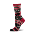Crew socks in red, black, and green. Fair isle pattern with black bear silhouettes. Cozy and stylish!