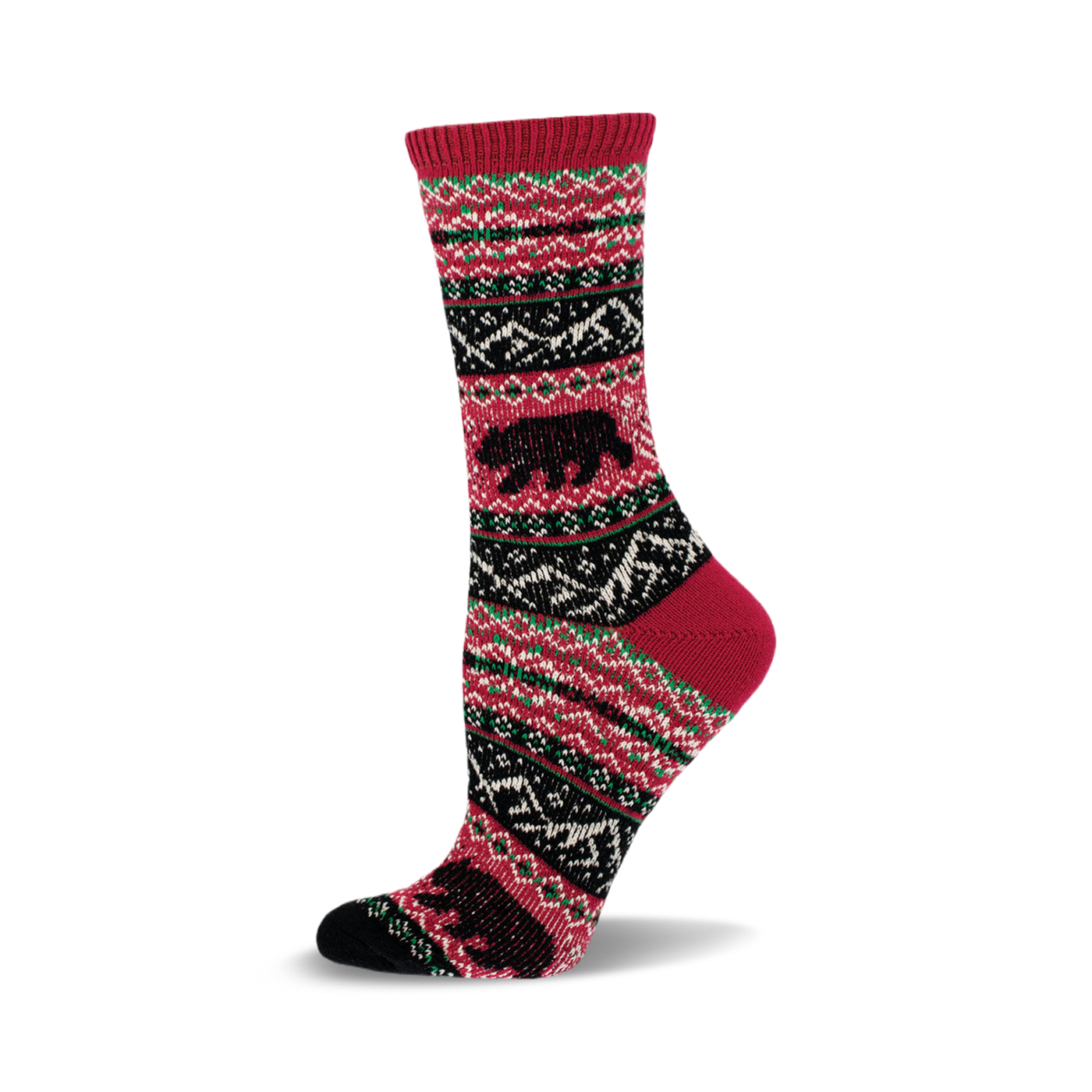Crew socks in red, black, and green. Fair isle pattern with black bear silhouettes. Cozy and stylish!