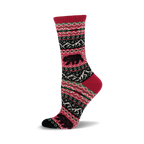 Crew socks in red, black, and green. Fair isle pattern with black bear silhouettes. Cozy and stylish!