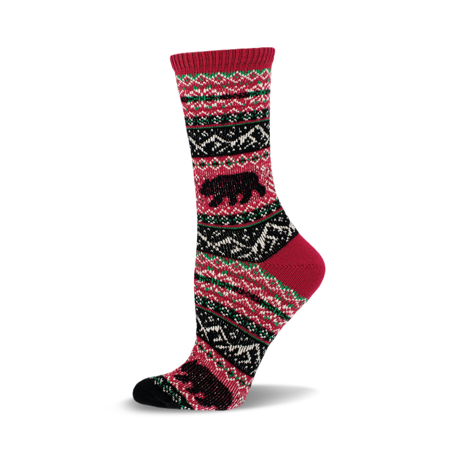 Crew socks in red, black, and green. Fair isle pattern with black bear silhouettes. Cozy and stylish!