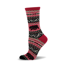 a single red sock with a black bear and a black, green, and cream patterned design.