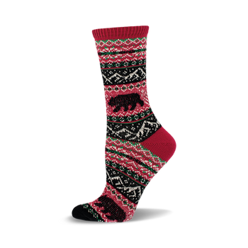 a single red sock with a black bear and a black, green, and cream patterned design.