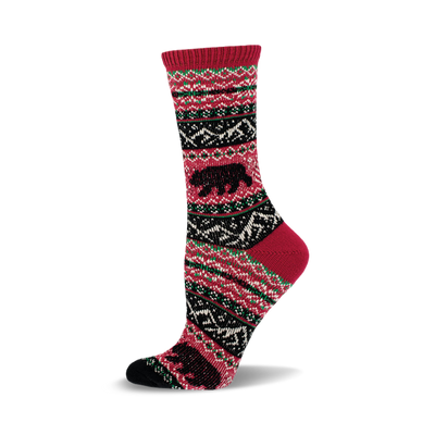 a single red sock with a black bear and a black, green, and cream patterned design.