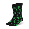 Pair of black crew socks with a repeating pattern of bright green dollar signs. Fun and stylish.