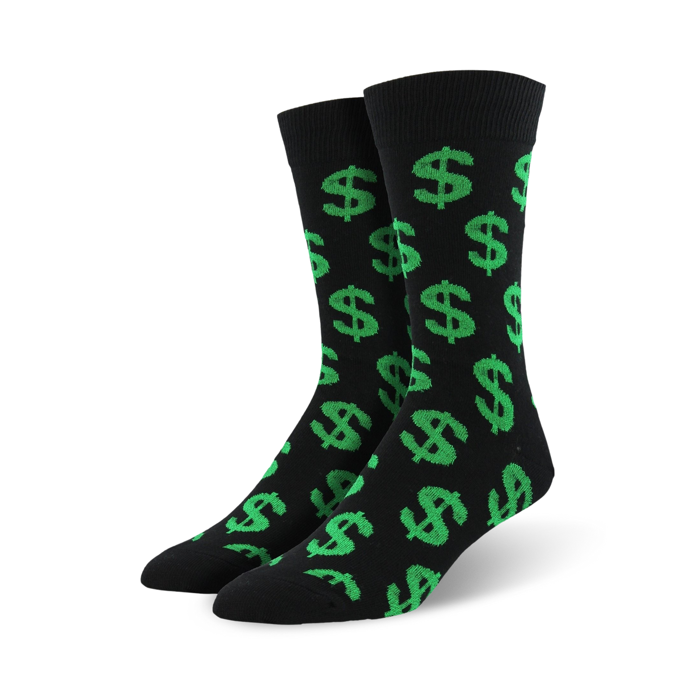 Pair of black crew socks with a repeating pattern of bright green dollar signs. Fun and stylish.