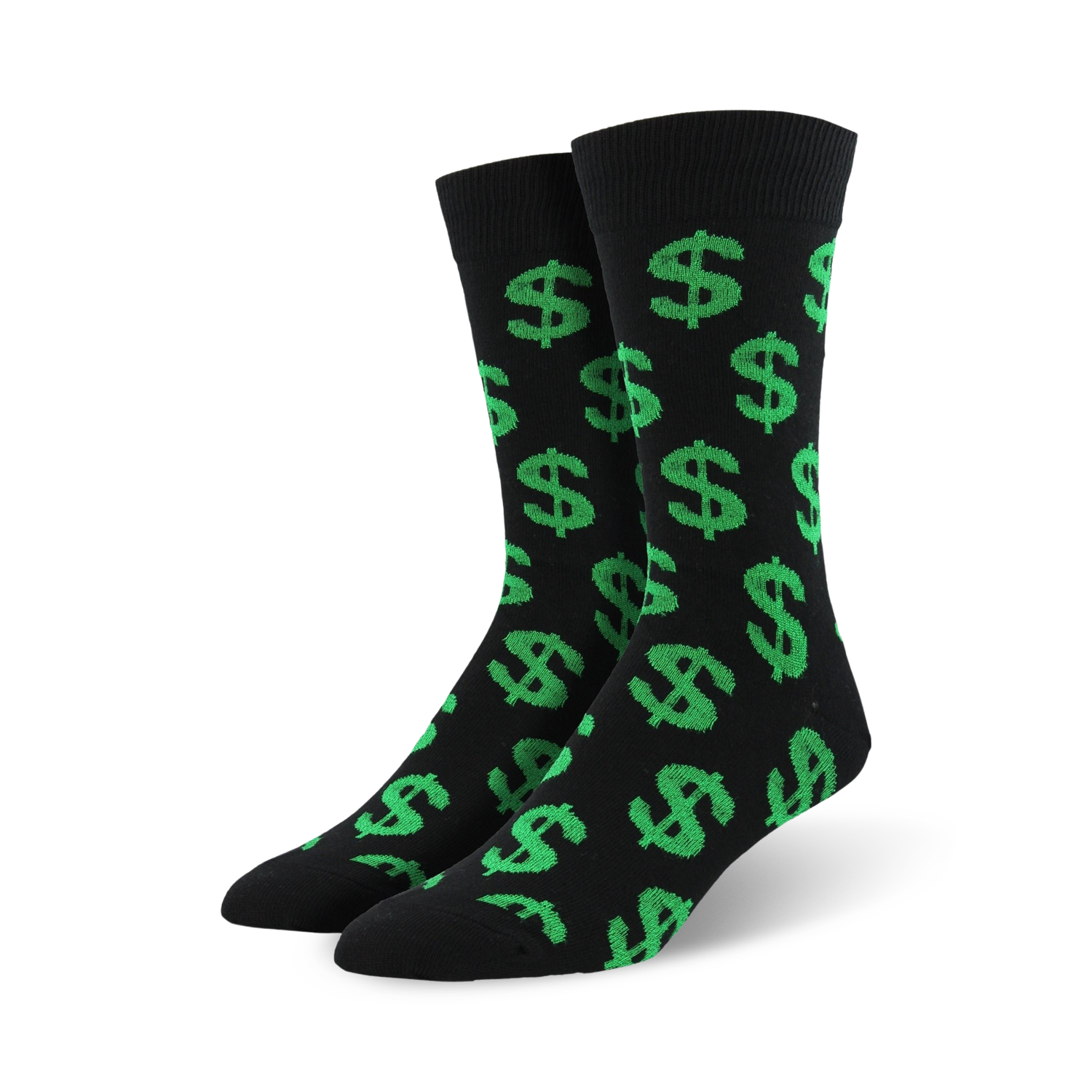 Pair of black crew socks with a repeating pattern of bright green dollar signs. Fun and stylish.
