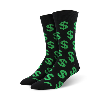 black crew socks with all-over green dollar sign pattern for men.   