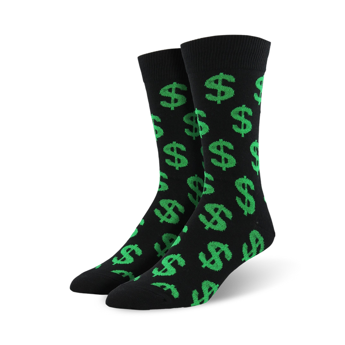 black crew socks with all-over green dollar sign pattern for men.    }}