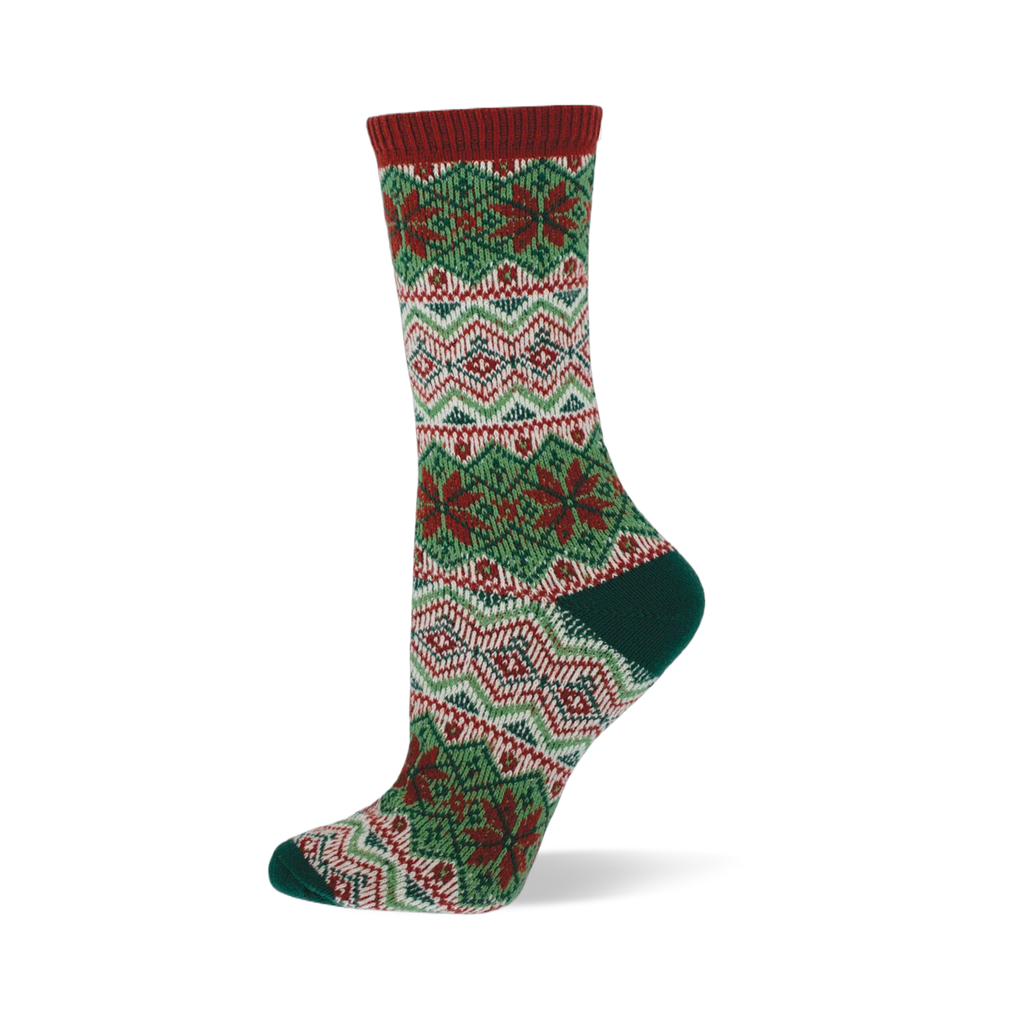"Pray For Snow" knit sock featuring red, green & white Fair Isle pattern with snowflakes & zig-zags.
