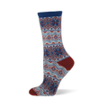 Pray For Snow sock in blue, red, and white Fair Isle knit with geometric and snowflake patterns. Features blue cuff, red heel