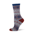 Pray For Snow sock in blue, red, and white Fair Isle knit with geometric and snowflake patterns. Features blue cuff, red heel