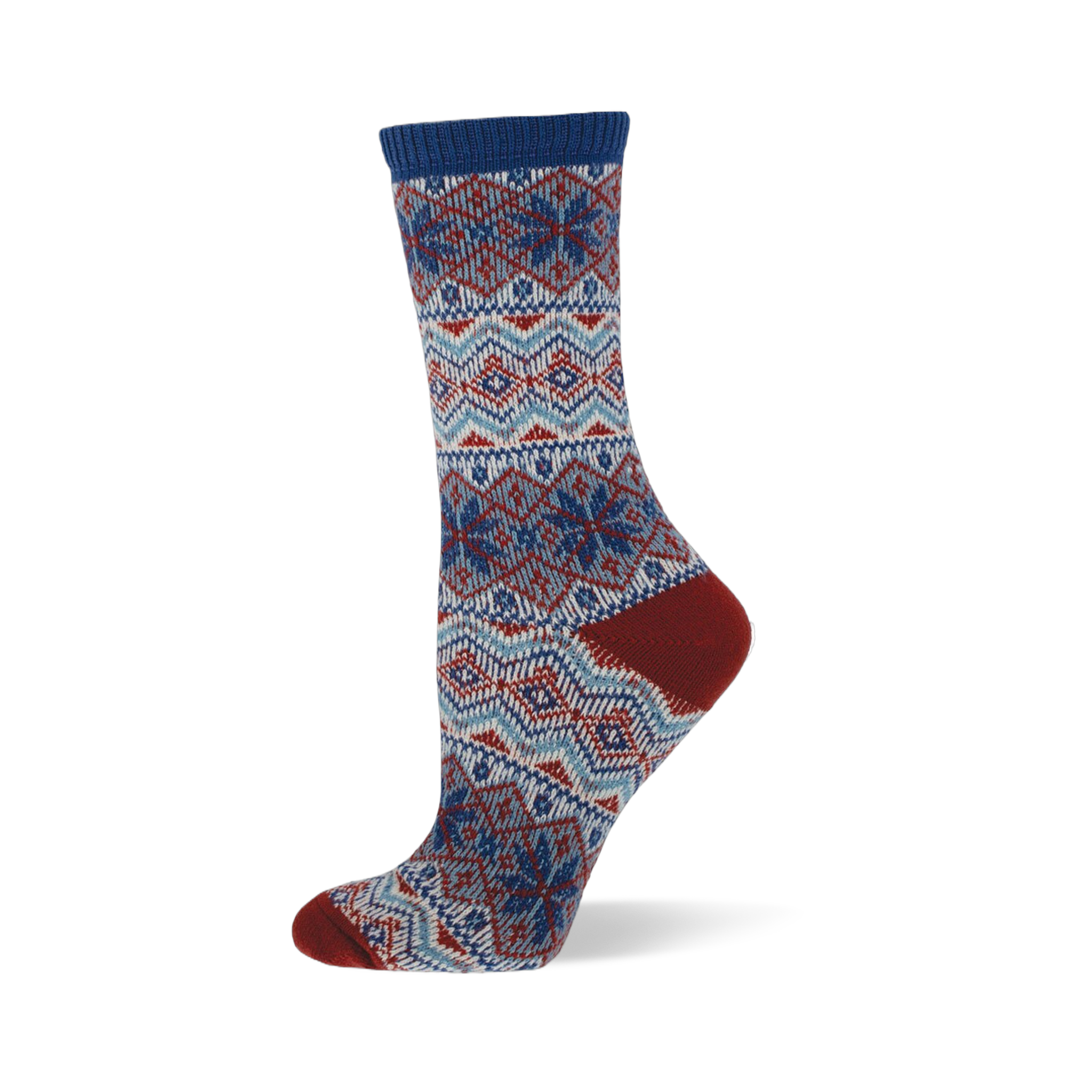 Pray For Snow sock in blue, red, and white Fair Isle knit with geometric and snowflake patterns. Features blue cuff, red heel