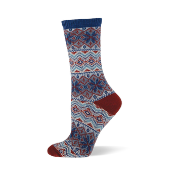 Pray For Snow sock in blue, red, and white Fair Isle knit with geometric and snowflake patterns. Features blue cuff, red heel