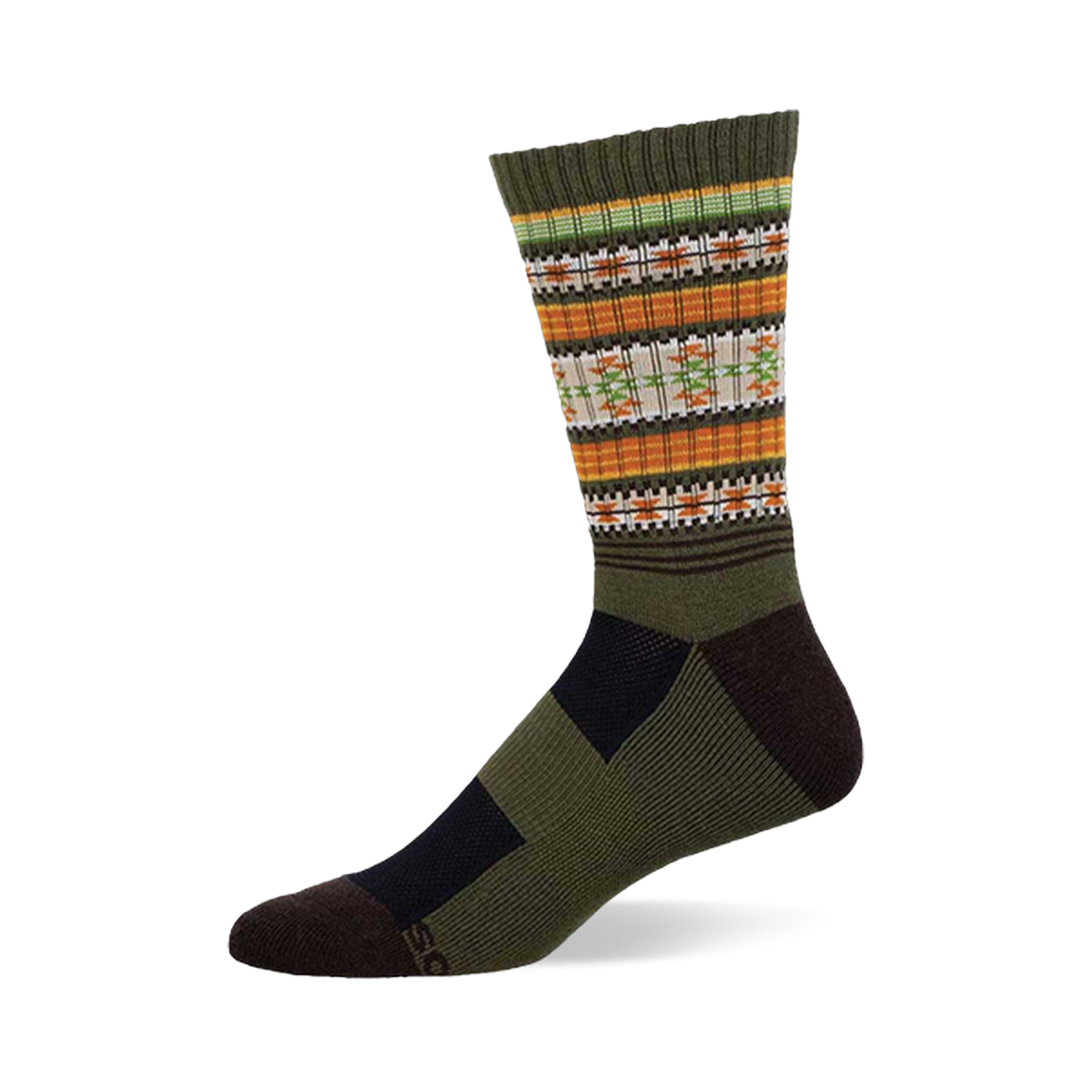 Crew sock, olive green, orange, and cream with dark brown accents. Features Serape pattern of geometric stripes and shapes.