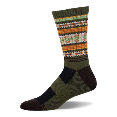Crew sock, olive green, orange, and cream with dark brown accents. Features Serape pattern of geometric stripes and shapes.