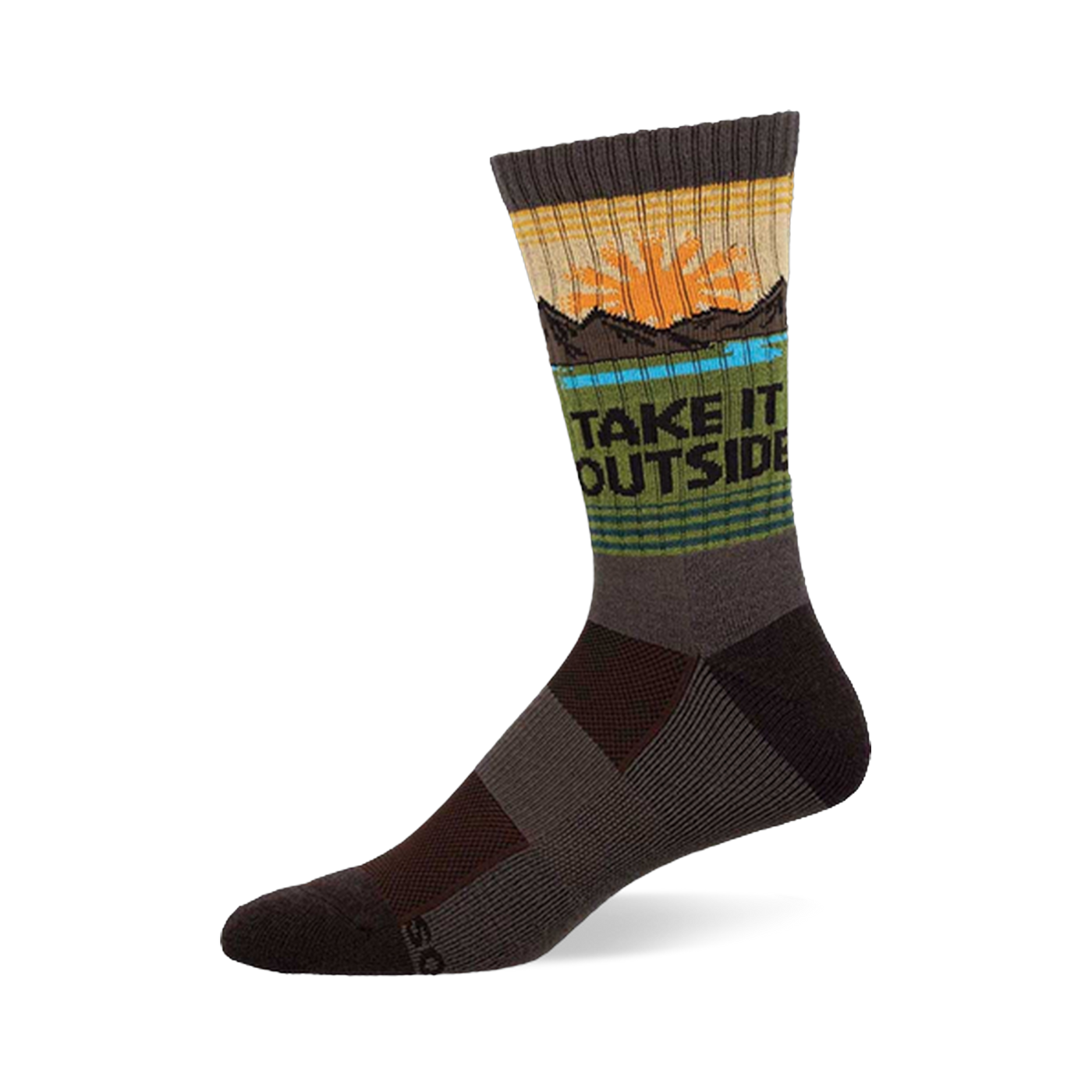Crew sock in earthy brown, green, and yellow with a sun, mountains, blue water, and "TAKE IT OUTSIDE" text.