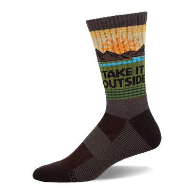Crew sock in earthy brown, green, and yellow with a sun, mountains, blue water, and "TAKE IT OUTSIDE" text.