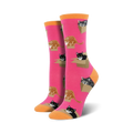 Pair of women's crew socks. Hot pink background with repeating pattern of cats in cardboard boxes. Orange-toned cuffs.