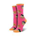 Pair of women's crew socks. Hot pink background with repeating pattern of cats in cardboard boxes. Orange-toned cuffs.
