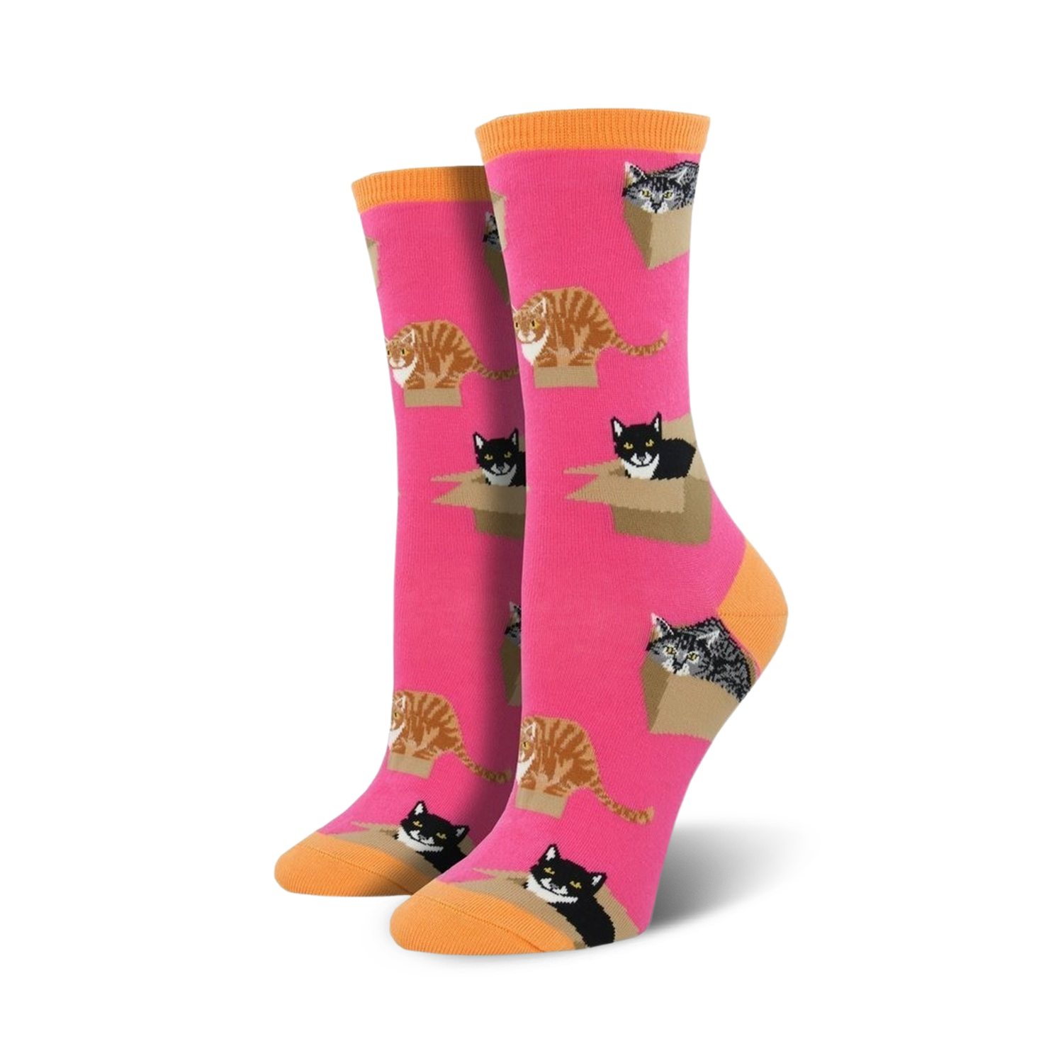 Pair of women's crew socks. Hot pink background with repeating pattern of cats in cardboard boxes. Orange-toned cuffs.