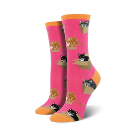 cartoon cat in box pattern crew socks for women, pink, orange toes and cuffs.   