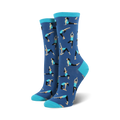 Pair of women's crew socks; blue and teal, with a repeating pattern of stylized yoga poses.