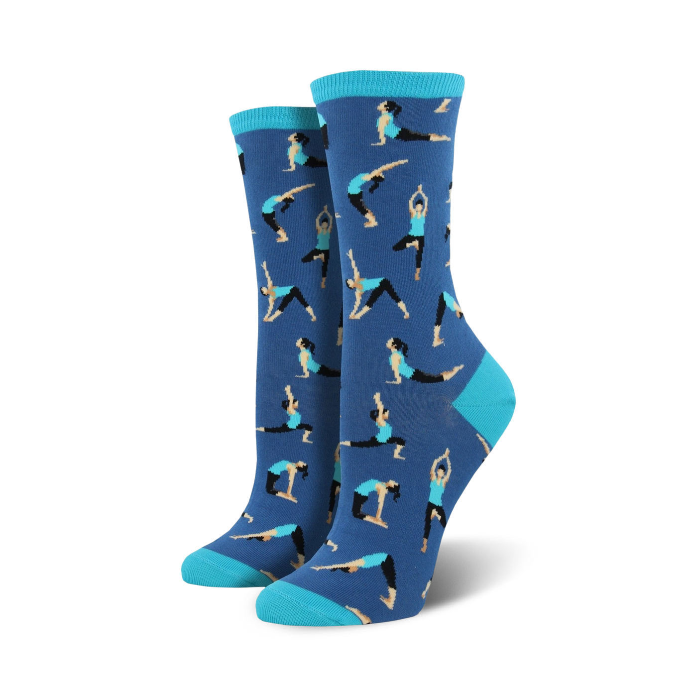 Pair of women's crew socks; blue and teal, with a repeating pattern of stylized yoga poses.