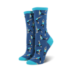 Pair of women's crew socks; blue and teal, with a repeating pattern of stylized yoga poses.