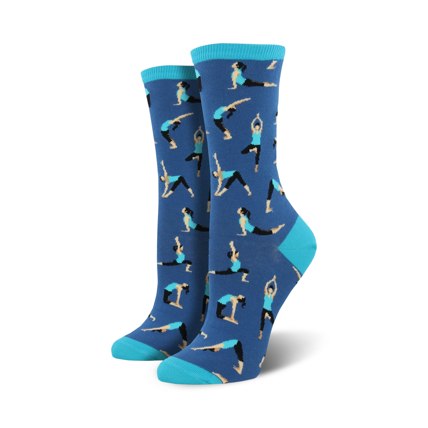 Pair of women's crew socks; blue and teal, with a repeating pattern of stylized yoga poses.