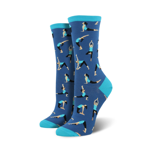 Pair of women's crew socks; blue and teal, with a repeating pattern of stylized yoga poses.
