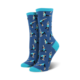 black, blue and turquoise womens crew socks with a fun yoga poses pattern.    