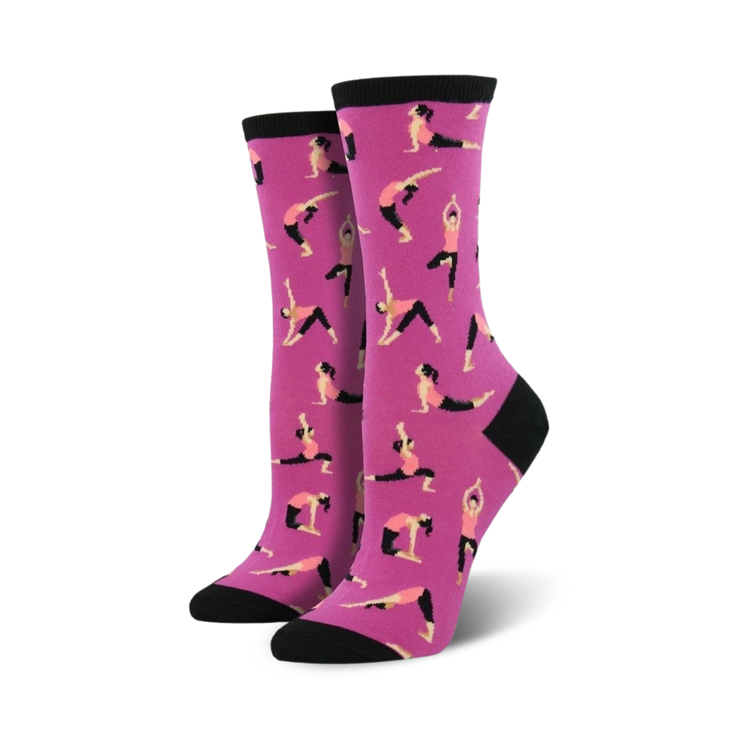 Pair of women's crew socks; pink with black accents, showcasing repeating yoga poses.