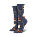 Pair of crew socks featuring various colorful chicken illustrations on a navy blue background. 