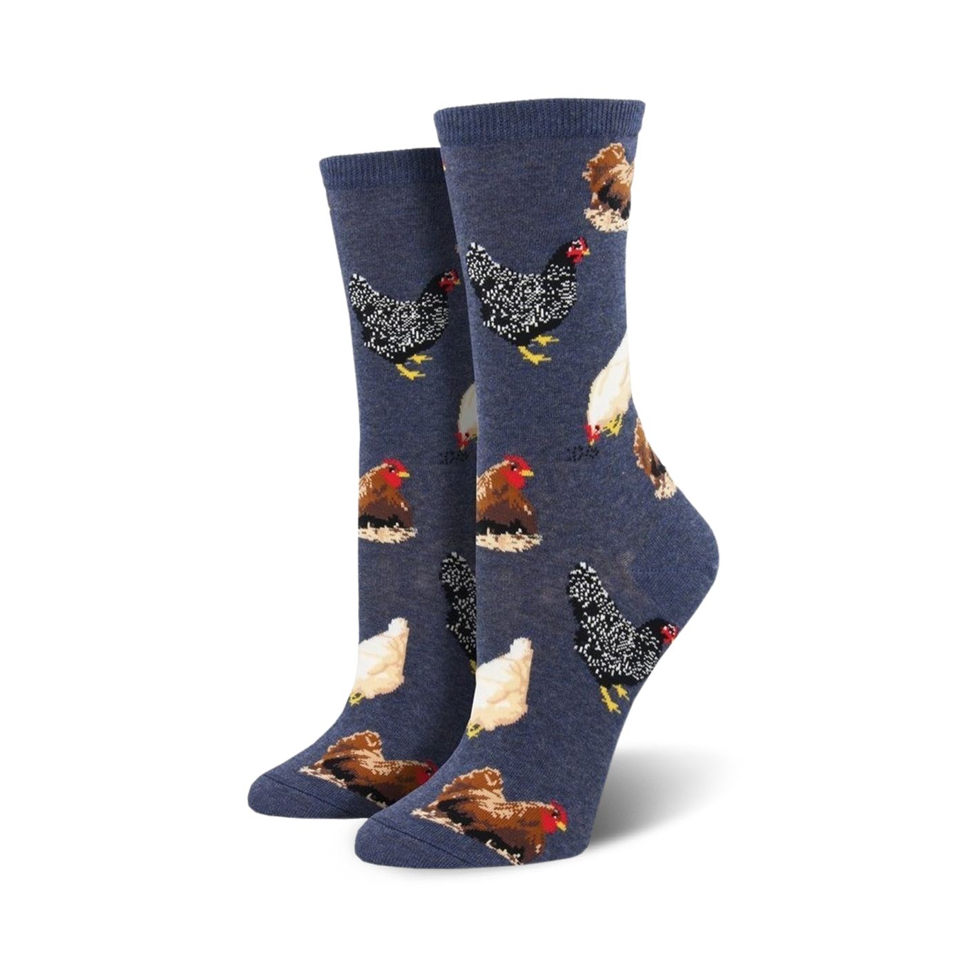 Pair of crew socks featuring various colorful chicken illustrations on a navy blue background. 