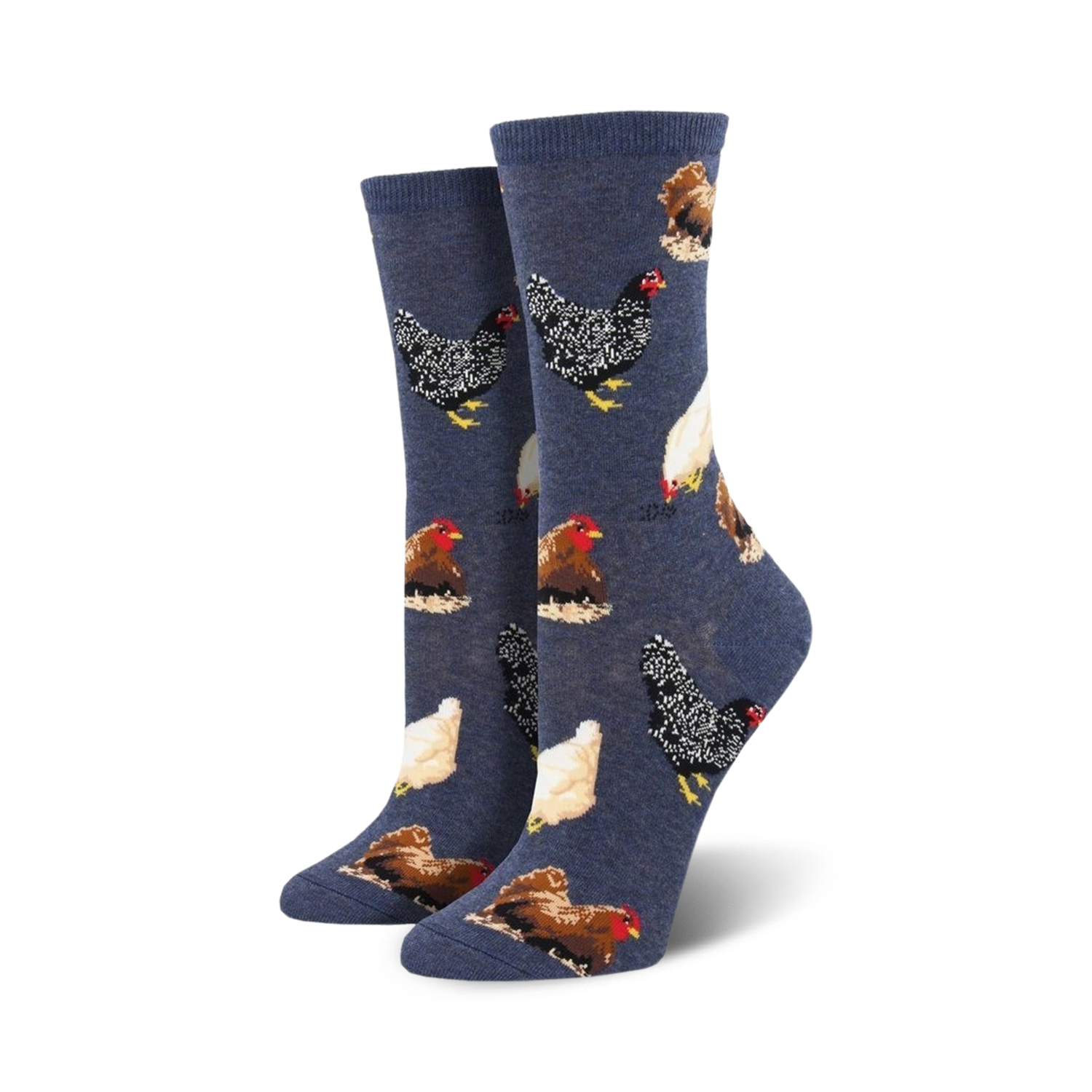 Pair of crew socks featuring various colorful chicken illustrations on a navy blue background. 