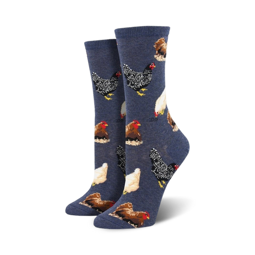 Pair of crew socks featuring various colorful chicken illustrations on a navy blue background. 