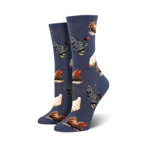 blue crew socks with a pattern of various chicken breeds.   